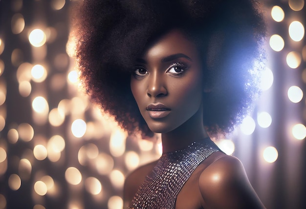 Mujer negra elegante y de moda con cabello afro en discoteca Generar Ai