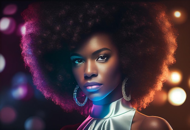 Mujer negra elegante y de moda con cabello afro en discoteca Generar Ai