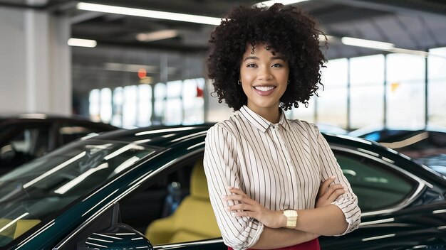 Mujer negra elegante en un salón de automóviles