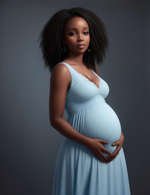 Mujer negra embarazada con un vestido azul generado por IA