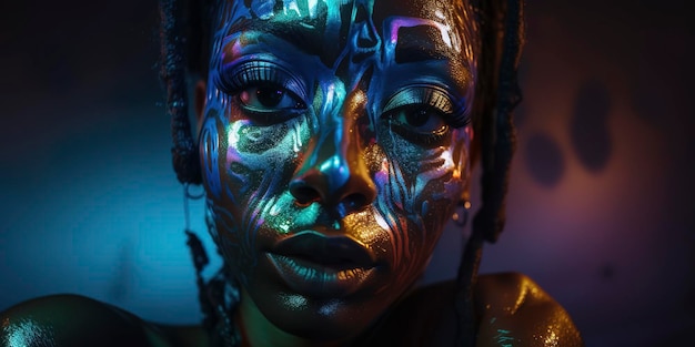 Mujer negra envuelta en vidrio líquido de ciencia ficción de neón brillante que crea una máscara de otro mundo IA generativa