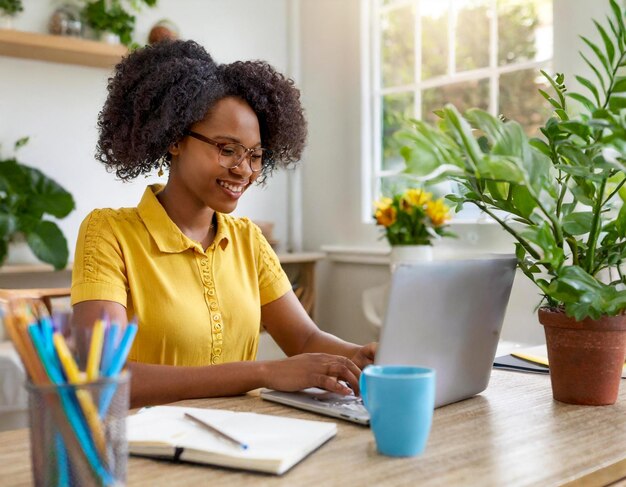 Mujer negra escribiendo en la oficina de casa y la computadora portátil para la investigación en el trabajo remoto
