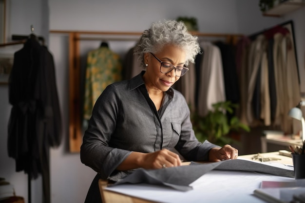 Mujer negra estadounidense elegante de mediana edad diseñadora de moda dibujando bocetos