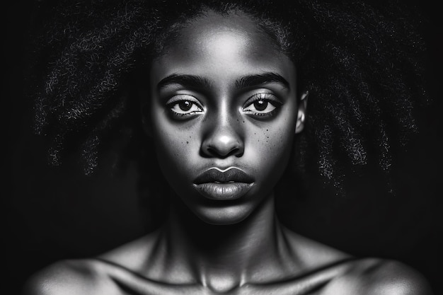 Foto mujer negra extremadamente hermosa con expresión seria con pose de poder, campaña de vidas negras importa