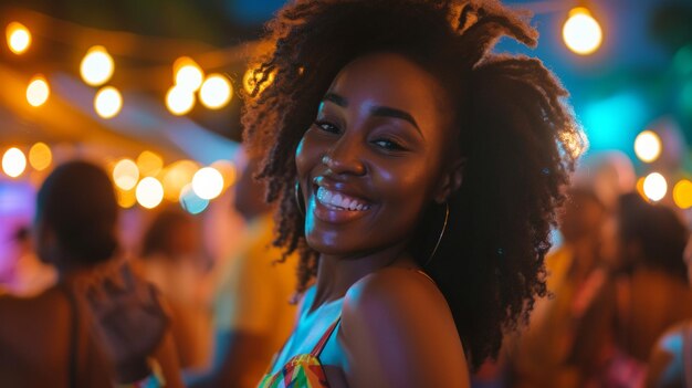 Mujer negra feliz bailando mientras asiste a un festival de música por la noche y mirando a la cámara