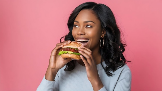 Una mujer negra feliz con el cabello ondulado comiendo una sabrosa hamburguesa con queso en rosa