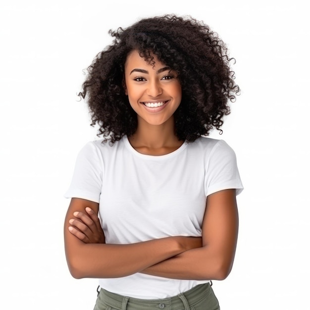 Mujer negra feliz de pie con los brazos cruzados aislada