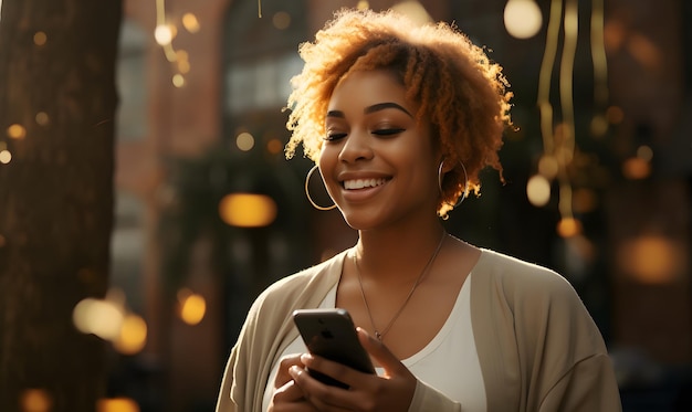 Mujer negra feliz usando su teléfono inteligente