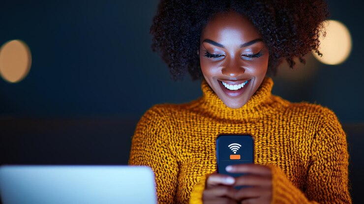 Mujer negra feliz usando el teléfono con Wi-Fi gratuito en el café