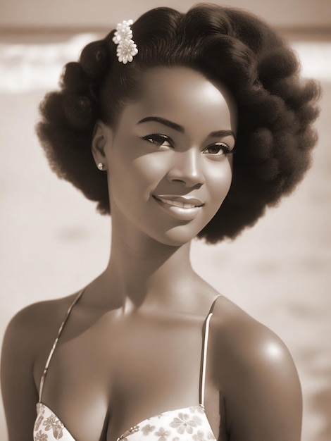 Foto una mujer negra con una flor blanca en el pelo.