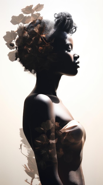 Mujer negra florece en la cabeza concepto de salud mental doble exposición