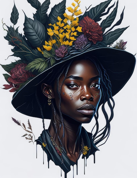 Mujer negra con flores al estilo de la imagen sobre un fondo blanco AI generativa