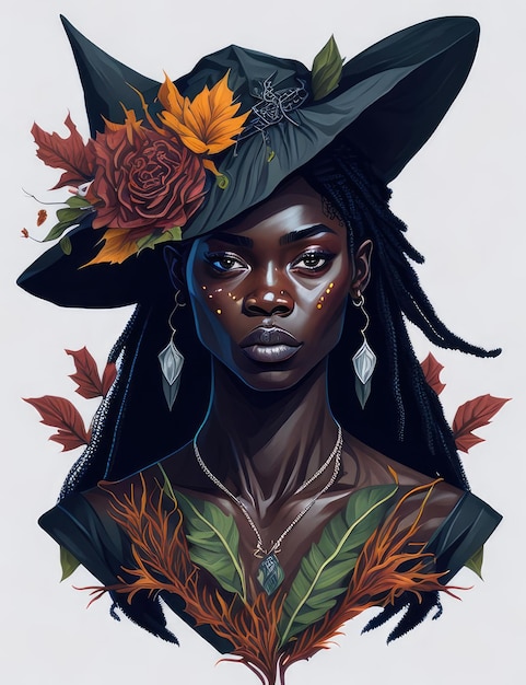 Mujer negra con flores al estilo de la imagen sobre un fondo blanco AI generativa