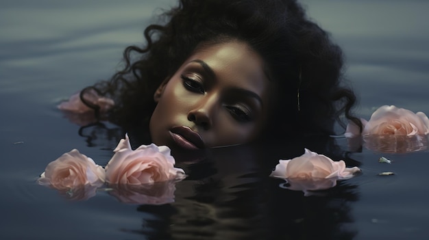 mujer negra con flores en la cabeza y ojos cerrados bañándose en el agua junto a las flores