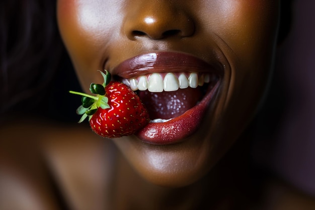 Una mujer negra con una fresa entre los dientes