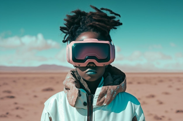 Mujer negra futurista generativa ai usando gafas 3D vr