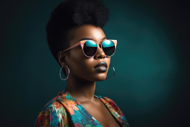 Mujer negra con gafas de sol y aretes de moda