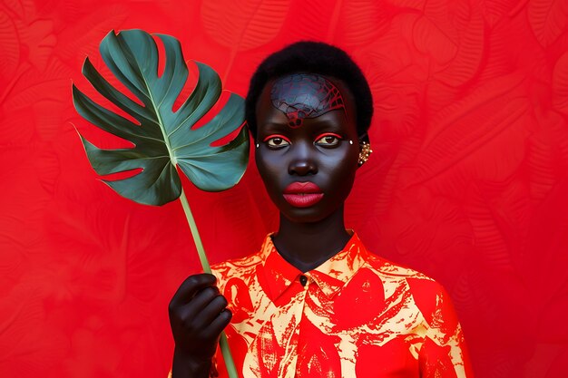 Mujer negra con una hoja de monstera