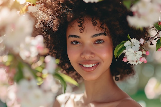 Mujer negra joven disfrutando de las flores de primavera retrato de primavera