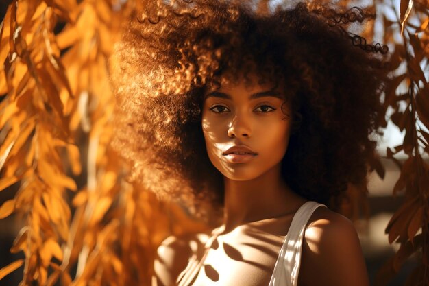 Mujer negra joven en el fondo de la naturaleza de otoño Cabello rizado Cara de cerca Primer plano de una mujer negra joven