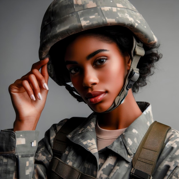 Mujer negra joven con uniforme militar incluyendo uniformes de camuflaje y un casco ai generativo