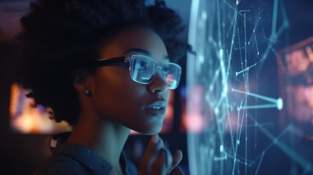 Mujer negra madura con curiosidad maravillosa mirando la pantalla digital holográfica innovación tecnológica futurista IA generativa AIG20