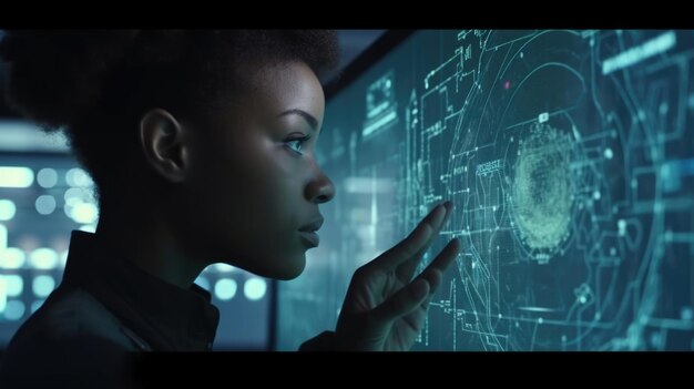 Mujer negra madura con curiosidad maravillosa mirando la pantalla digital holográfica innovación tecnológica futurista IA generativa AIG20