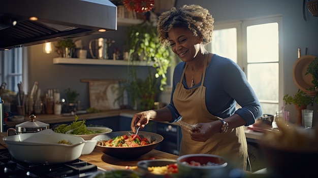 Foto una mujer negra madura está preparando comida en una cocina mostrando su experiencia culinaria