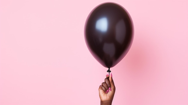 mujer negra mano sosteniendo globo rosa contra pastel