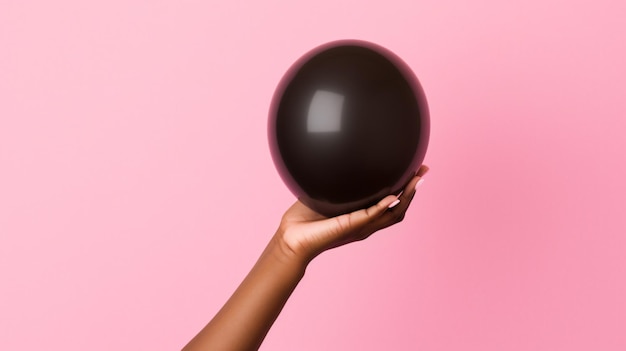 Mujer negra mano sosteniendo globo rosa contra pistel