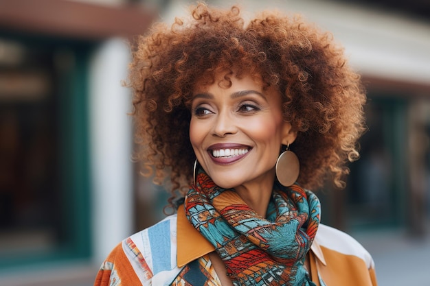 Mujer negra de mediana edad cerca retrato callejero de moda de otoño