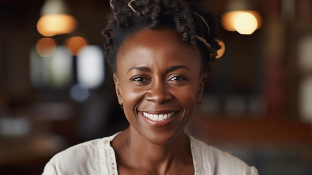 Mujer negra de mediana edad sonriendo mirando a la cámara primer plano retrato interior