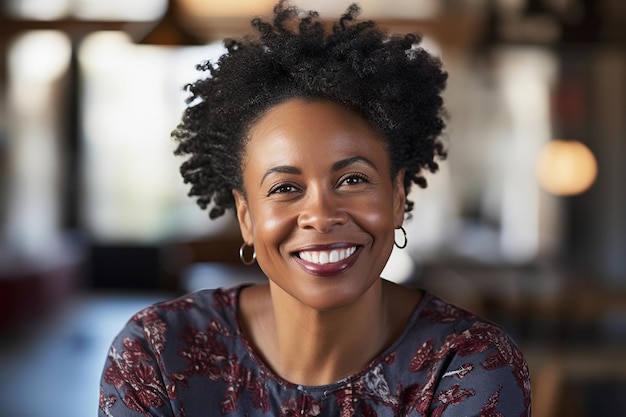 Mujer negra de mediana edad sonriendo mirando a la cámara primer plano retrato interior