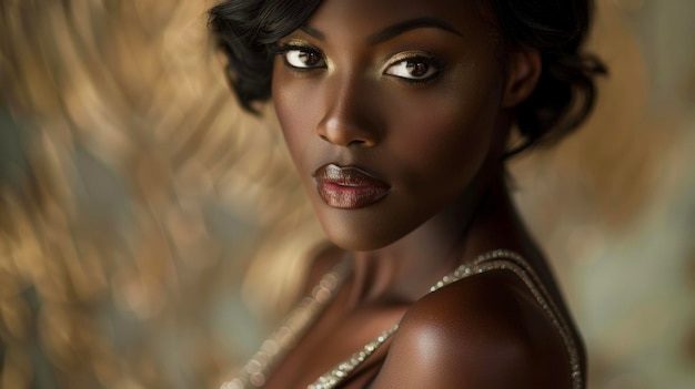 Una mujer negra mira con confianza a la cámara su piel de chocolate oscuro brillando bajo el suave