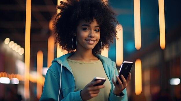 Mujer negra moderna y moderna comprobando el estilo del concepto de anuncio de televisión cinematográfico de la calle del teléfono