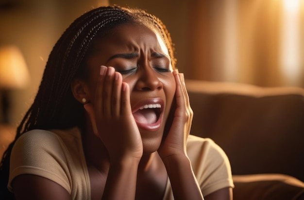 mujer negra molesta gritando y llorando en el interior de la casa shock y colapso emocional depresión