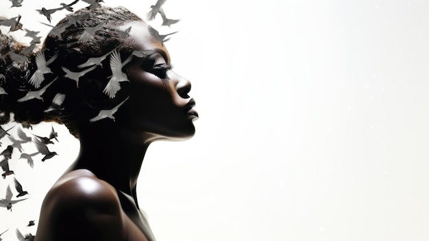Mujer negra con pájaros dispersándose desde la cabeza concepto de salud mental AI Contenido generado