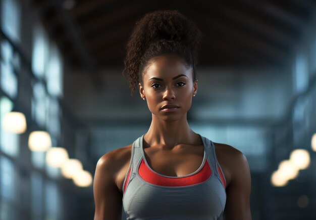 una mujer negra de pie en un gimnasio con una camiseta