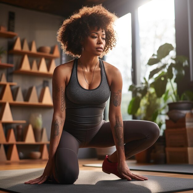 una mujer negra practicando yoga