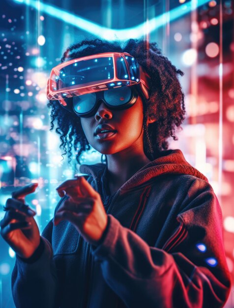 Una mujer negra que explora el ciberespacio con gafas de realidad virtual IA generativa