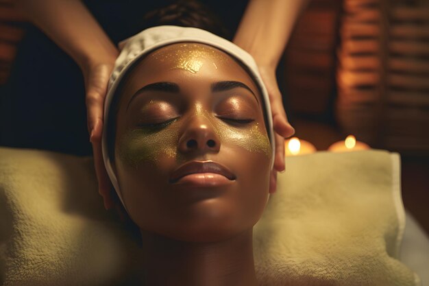 Mujer negra que recibe masaje y tratamiento facial en un spa de lujo