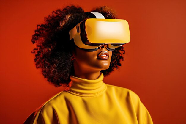 Una mujer negra que usa VR para comprar en línea, navegando por artículos de ropa elegante, comercio electrónico, compras en línea, productos de tiendas en línea, concepto de compras en línea.