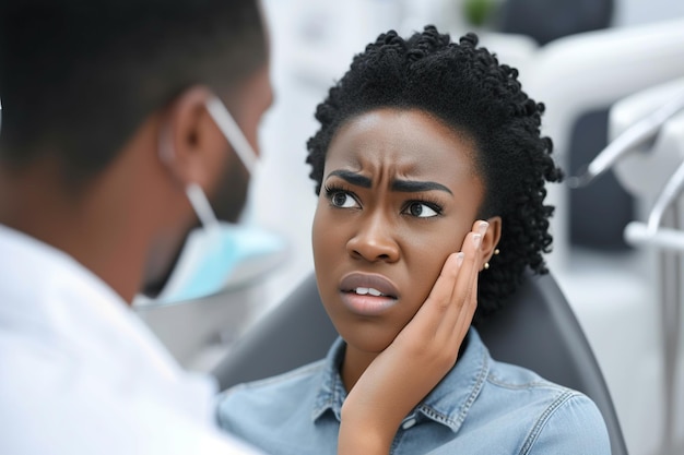 Mujer negra quejándose de dolor de dientes durante la cita en el consultorio del dentista.