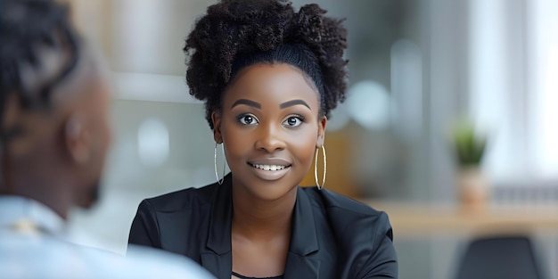 Una mujer negra se reúne con un gerente financiero en una oficina para una entrevista de inversión financiera o de trabajo Reuniones conceptuales Reuniones de oficina Configuración de inversión financiera Entrevista de trabajo Mujer negra