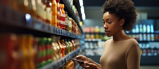 Una mujer negra revisando las fechas de vencimiento mientras compra comestibles en un pasillo de supermercado con un carrito de compras se enfoca en elegir alimentos saludables