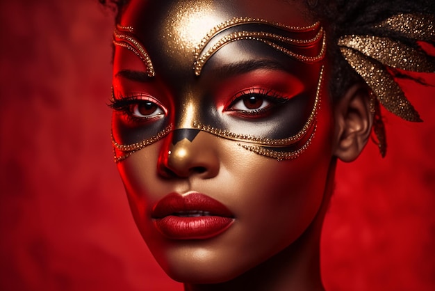 Mujer negra sexy con una máscara de carnaval ai generativo de color rojo y dorado