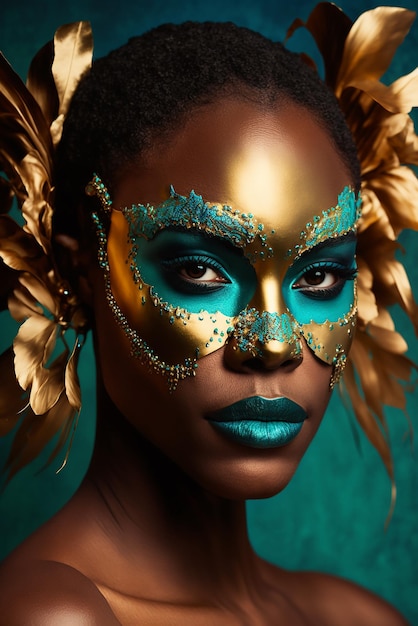 Mujer negra sexy con una máscara de carnaval ai generativo de color verde y dorado