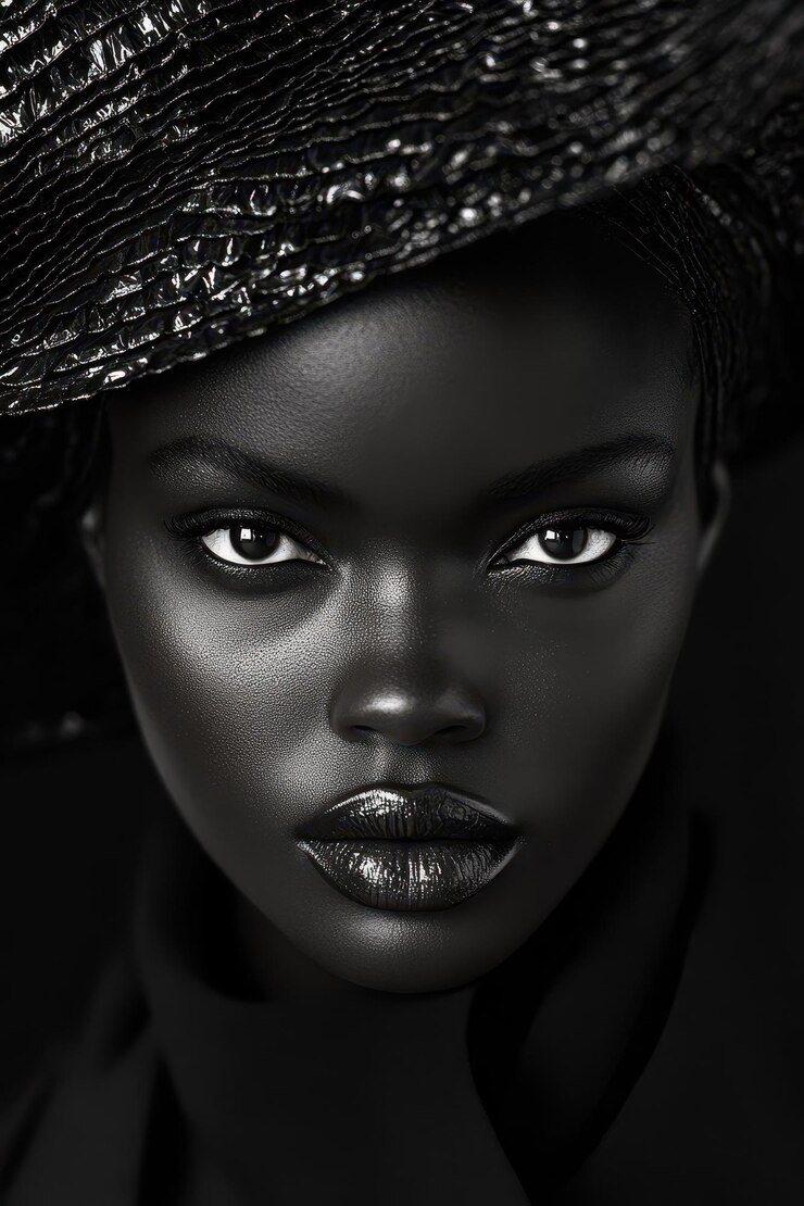 una mujer negra con un sombreiro negro y un sombrero negro