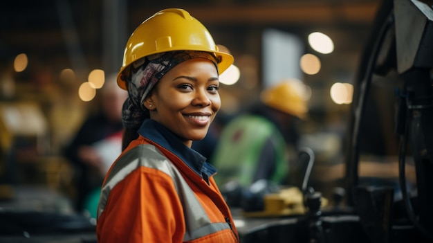 Mujer negra con sombrero rígido sonriendo en la fábrica