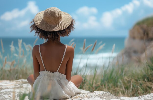 Mujer negra con sombrero sentada pacíficamente en la playa frente al océano